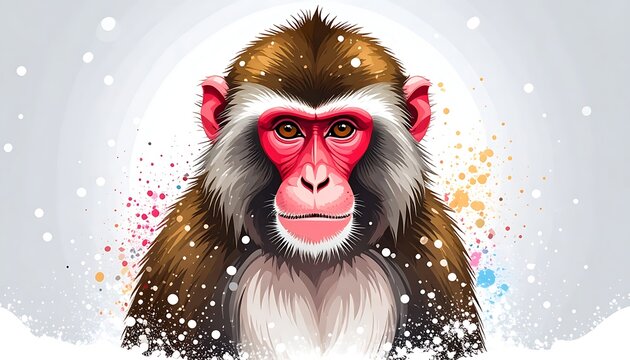 Digital illustration of a macaque monkey with brown fur, vibrant red face, and expressive eyes against a white background with colorful splashes