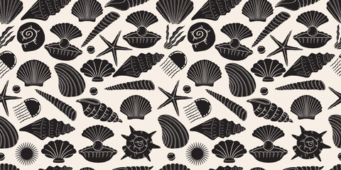 Seamless pattern of hand drawn seashells and marine life silhouettes. Black and white nautical seamless background with organic sea shells for summer design © Wahib
