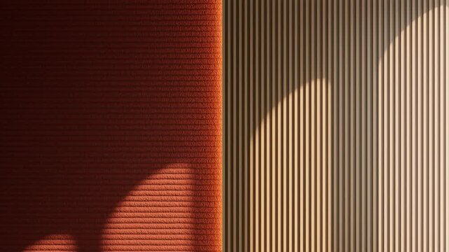 Animated timelapse of sun shadow moving across modern interior wall with wood slats and terracotta horizontal texture.