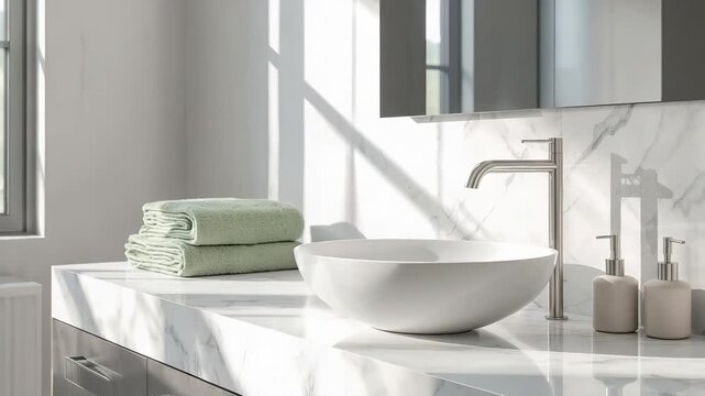 Modern bathroom vanity with white vessel sink chrome faucet folded green towels and marble countertop in bright natural light