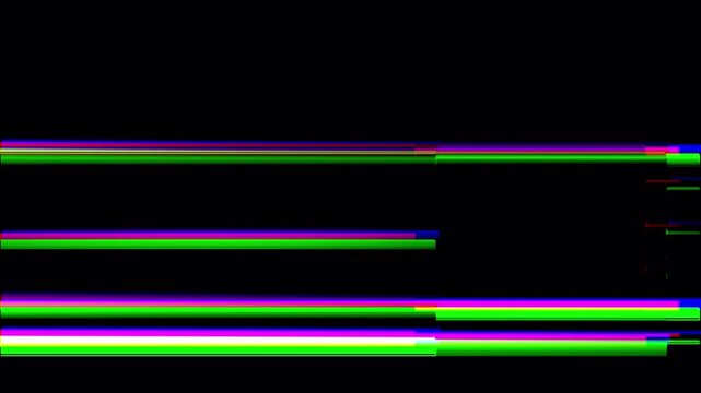 Abstract RGB glitch lines with chromatic aberration, flicker, scanline distortion. Digital glitch lines with RGB separation overlay. Glitch streaks with scanline distortion, damage, flicker. 4K Video