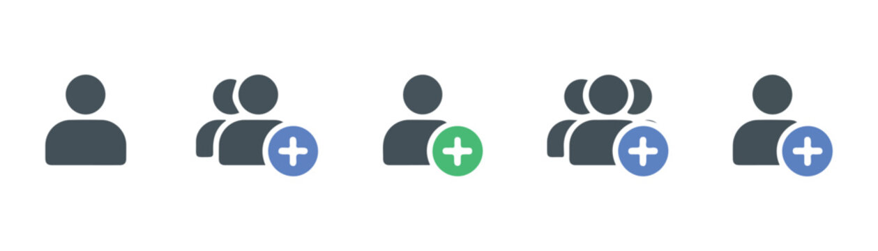 Set of user account icons showing people symbols with add buttons for social networking web application.