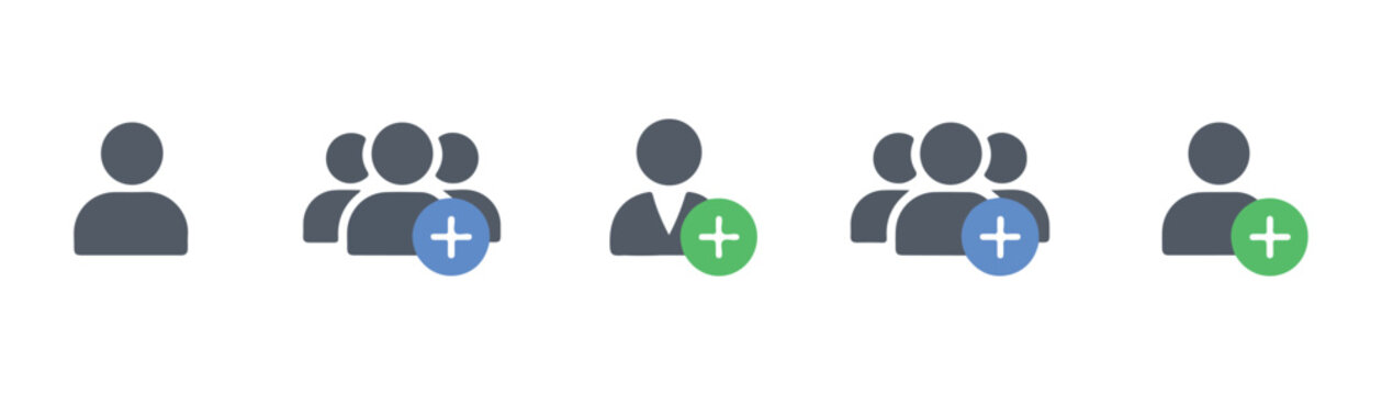 Various user account icon designs with human silhouettes and add buttons for digital interface system.