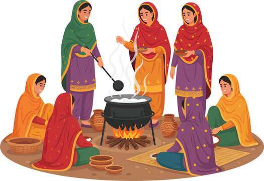 Indian women cooking traditional food, Punjabi village community kitchen vector illustration isolated on White Background