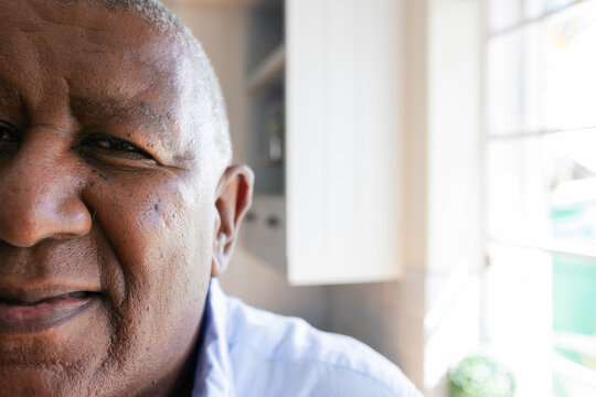 Mature man smiling in kitchen by mullioned window with plant wearing light blue shirt, copy space