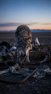 Lone wolf scavenges amidst a desolate carcass-strewn landscape
