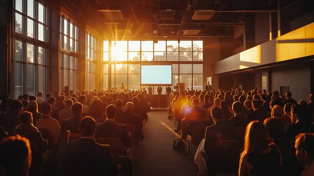 Large audience viewed from behind filling conference hall auditorium seats facing stage screen with bright golden sunlight from windows