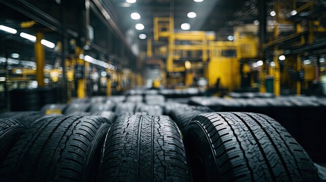 Rows of new car tires in a large industrial warehouse or factory setting.