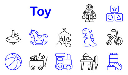 Toy children set icon. Line style icons display robot toy, shape blocks, spinning top, rocking horse, hanging mobile, dinosaur toy, tricycle bike, beach ball, wagon toys © Anastasia