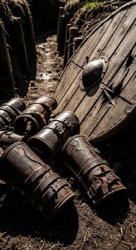 Pile of Aged Leather Bracers and Wooden Disc