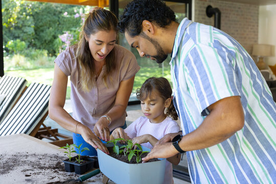 Diverse family guiding child planting seedlings on porch with light-blue planter and potting soil