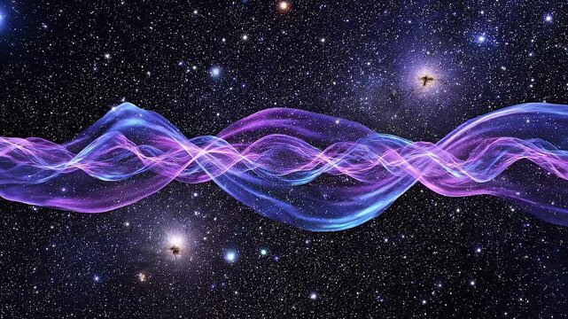 Cosmic energy waves flowing in space, purple blue glow, star particles, slow forward camera movement, sci-fi cinematic, seamless loop, 4K