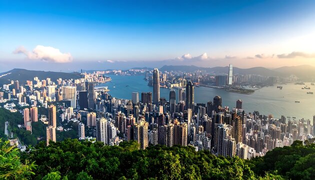 Expansive cityscape from a high vantage point, showcasing towering buildings, a wide bay, and the distant skyline under a bright sky