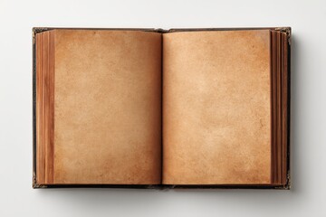 Fototapeta premium Open antique book with aged parchment pages on a white background.