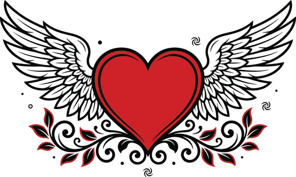 Winged Heart Illustration with Decorative Floral Elements Featuring Romantic Love Symbol in Bold Red and Black Vector Style for Tattoo and Valentine Design