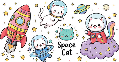 PrintCute Kawaii Space Cat Vector Illustration Set Featuring Astronaut Kittens Rocket Ship Planets And Sparkling Stars Design © Ruma