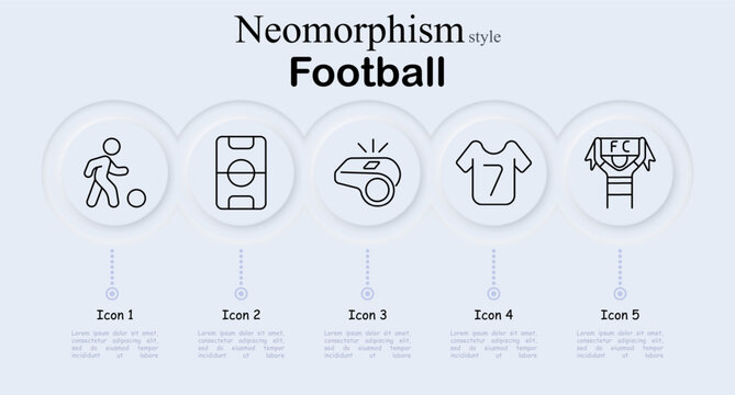 Football sport set icon. Dribbling player, soccer field plan, referee whistle signal, team jersey number, fan scarf banner, stadium match, athletic competition, supporter culture