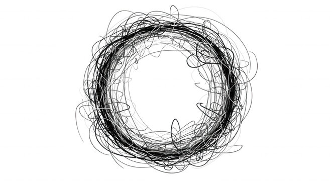 A circular abstract composition of tangled white and grey wire-like lines forming a chaotic nest shape against a solid black background