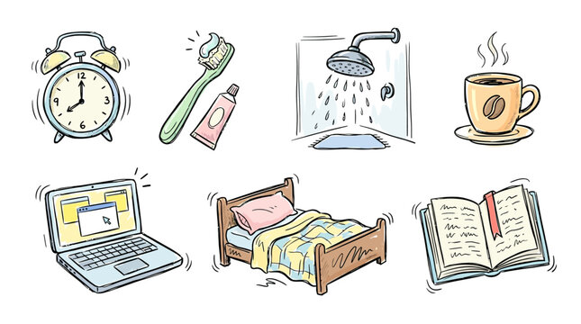 Icon pack illustration of morning routine objects and daily life items on a white background