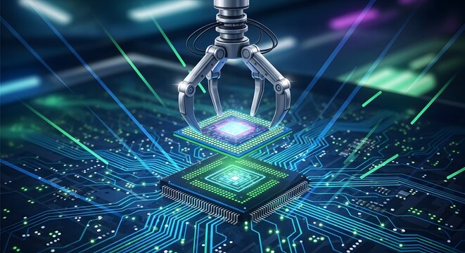 Robotic Gripper Hand Picking Microchip in Neon Tech Scene