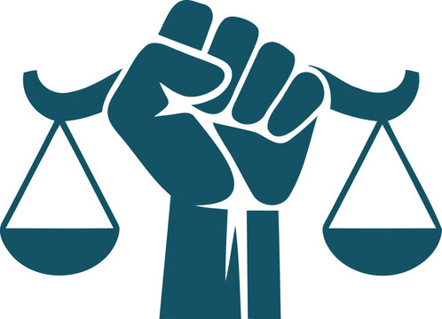 Teal fist holding scales of justice symbolizing fairness and equality in law and order one sentence