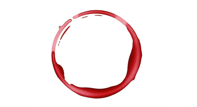 A circular red liquid stain or ring mark left by a glass base on a solid black background, isolated red circle shape