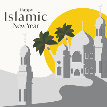 black and white with a yellow highlight illustration for islamic new year
