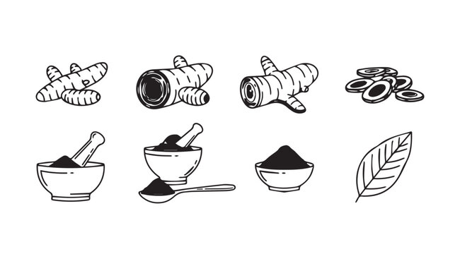 Turmeric root and powder in bowls with mortar and pestle during preparation for cooking or medicine