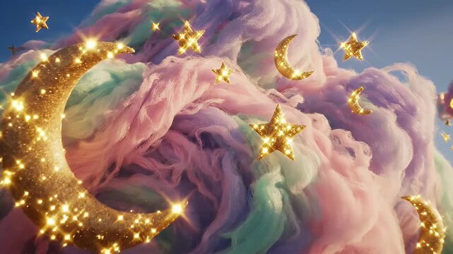 Vibrant Multicolored Candy Cloud Floating Gracefully Across a Pink and Blue Sky