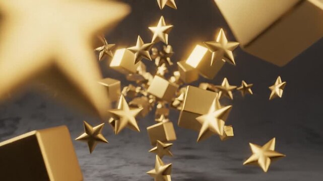 Golden 3d Stars And Cubes Floating And Exploding In Dark Atmospheric Space With Metallic Shimmer