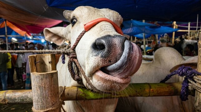 Close up portrait of a white zebu cow with a hump on its back showing a playful expression while sticking its long pink tongue out to lick its own wet nose in a crowded livestock market stall during a
