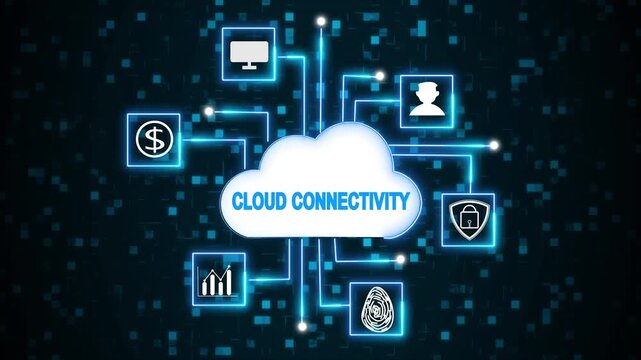 Cloud network animation with digital icons. Cloud network digital connectivity. Cloud network computing technology graphic on black.