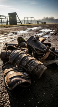 Pile of Worn Leather Bracers and Vambraces on Muddy Ground