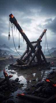 Damaged Medieval Siege Engine in Scorched Battlefield