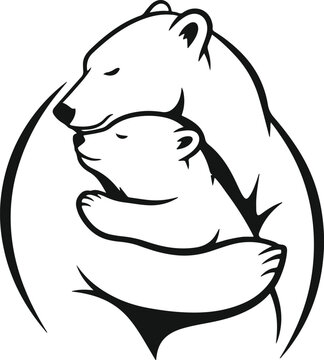 Mother polar bear hugging baby cub with eyes closed, symbol of unconditional love, family and maternal bond.