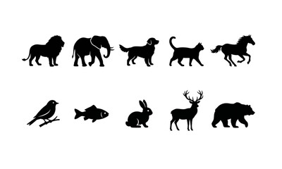 Fototapeta premium Animal silhouettes black icon set with wildlife and domestic animals in minimal flat vector design