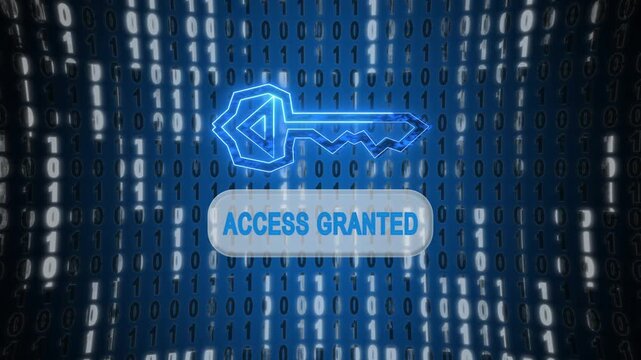 Access granted animation with key symbol. Access granted binary code and message. Access granted digital security graphic on black.