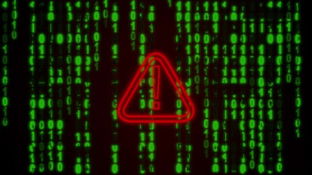 Warning sign animation with binary code. Warning sign red triangle and alert. Warning sign cybersecurity technology graphic on black.