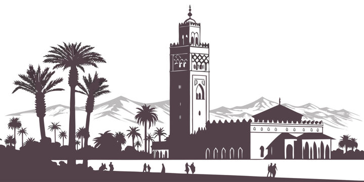 Marrakech Skyline Silhouette | Koutoubia Mosque & Atlas Mountains Vector Art