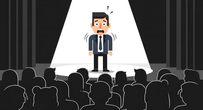 Shocked Man Presenter on Stage Surrounded by Audience