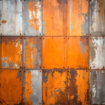 Close-up of square metal panels, weathered with orange rust and fading gray patches. Panels are bolted together, with varying shades and textures