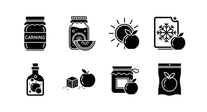 Apple Fruit Preservation Icons: Jam, Juice, Drying, Freezing, Packaging