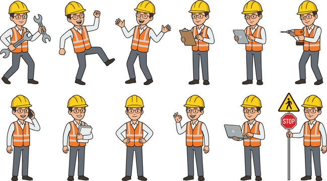 Construction Engineer Character Set with Multiple Poses Including Tools, Clipboard, Laptop, and Stop Sign for Worksite Design Use