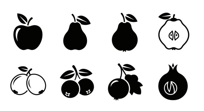 Black and White Icons of Assorted Fruits: Apple, Pear, Quince, Citrus, Berries, Pomegranate
