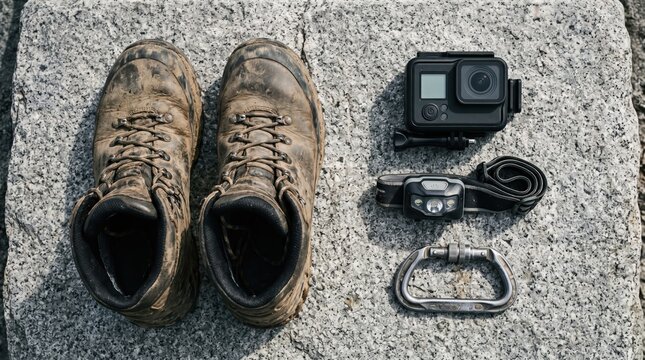 Flat lay of adventure travel gear including action cam headlamp and hiking boots on granite background