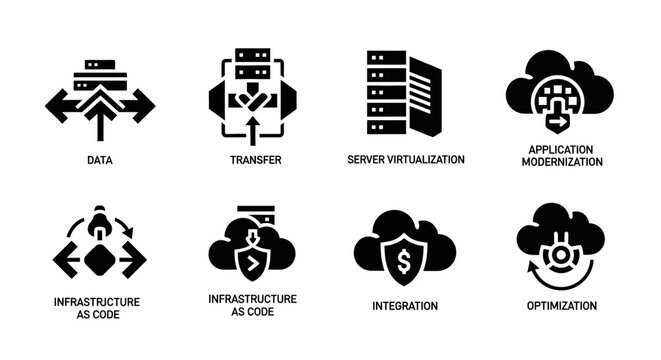 Cloud Computing Icons: Data, Transfer, Server Virtualization, Modernization, IaC, Integration, Optimization