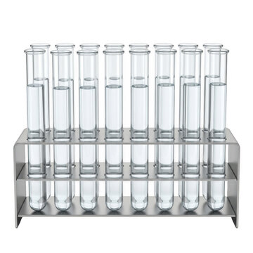 A metallic rack holding multiple laboratory test tubes filled with a clear liquid. Isolated on a transparent background, representing scientific research and experimentation.