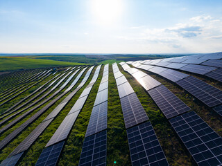 Solar panels cover a green hillside during a sunny day in a renewable energy project, showcasing modern technology in agriculture © DSMT