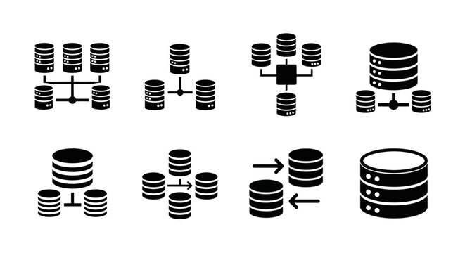 Database Icons Set: Network, Storage, Cloud, Server, Data Management