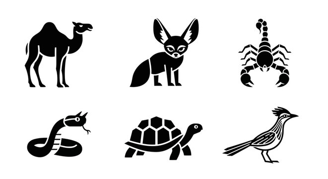 Desert Wildlife Icons: Camel, Fennec Fox, Scorpion, Snake, Tortoise, Roadrunner